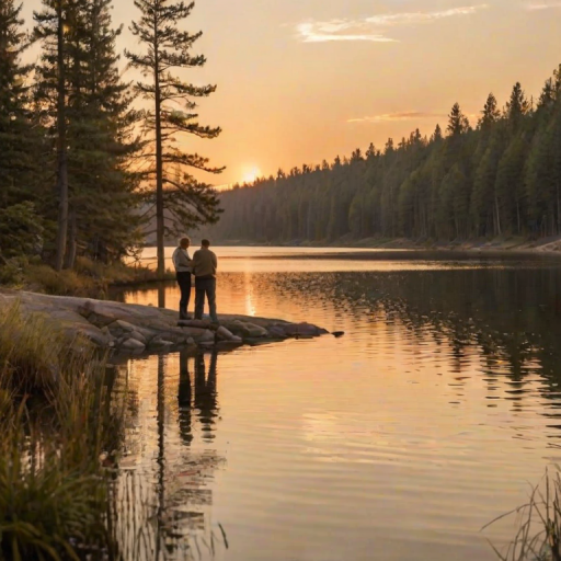 Warm, intimate image of a couple sharing a quiet moment by a lake at sunset, soft golden light reflecting off the water, distant birds flying overhead, and the smell of fresh pine and earth in the air.