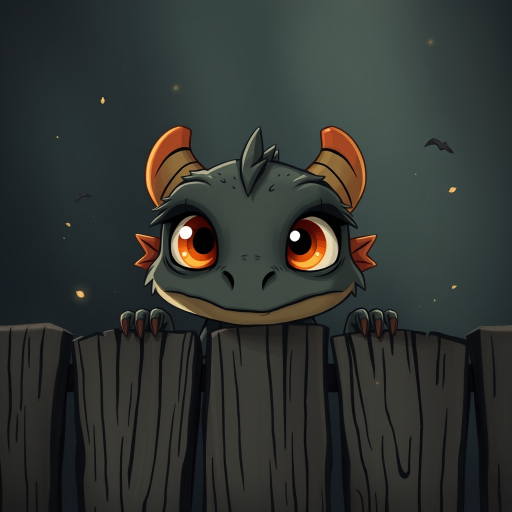 A small, scruffy cartoon-like dragon peers over a wooden fence with wide, expressive amber eyes, giving it an endearing look. The dark, muted background with streaks of faded color adds to the atmosphere of vulnerability and longing. The dragon's oversized eyes, full of emotion, draw the viewer in, evoking a sense of empathy and tenderness. Flecks of light and small bits of debris gently float through the scene, creating a soft, melancholic mood as the dragon waits patiently for comfort.
