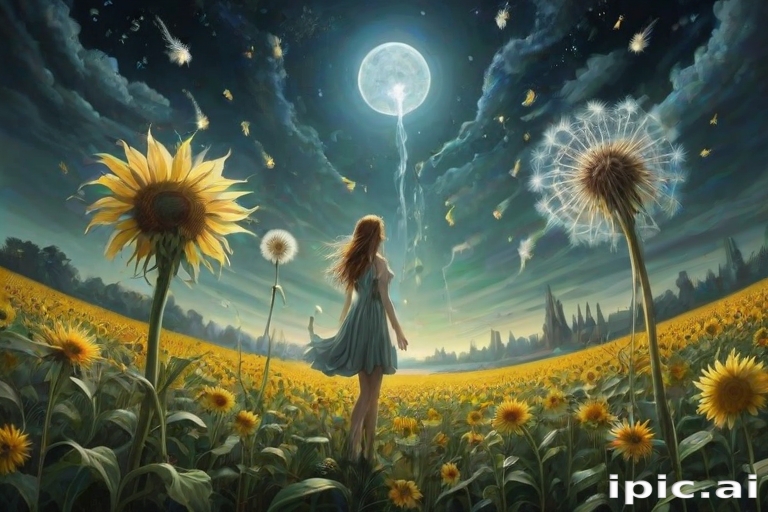 A surreal allegory featuring ethereal fairies, towering sunflowers, and an enigmatic witch, all set within a dreamlike landscape. The scene is dominated by a colossal dandelion, its delicate seeds floating through the air, reminiscent of Yves Tanguy's abstract forms. The environment is a blend of otherworldly elements and natural beauty, with twisted, elongated shapes and surreal colors that evoke a sense of mystery and enchantment.