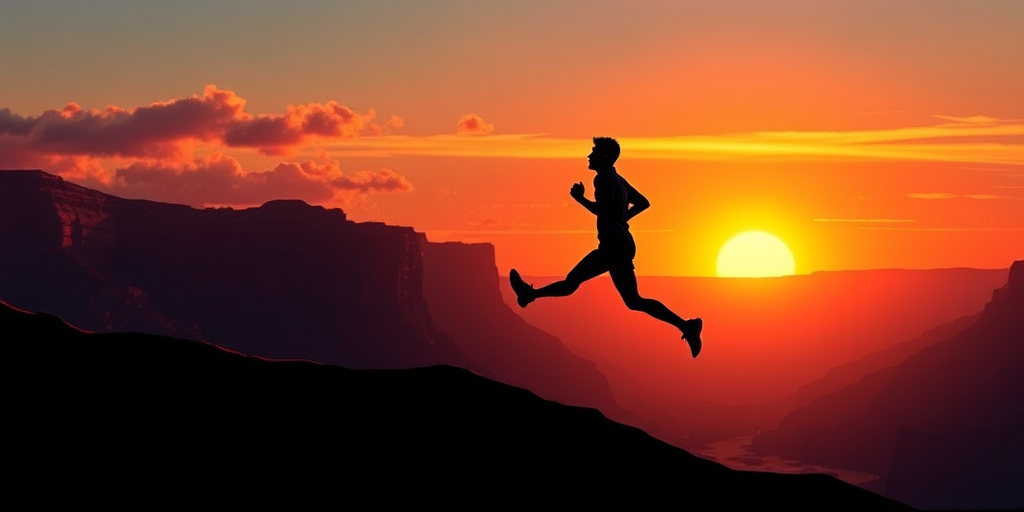 Create a digital illustration of a silhouette of a runner leaping across a canyon with a sunset background, include soft clouds in the sky, use a DSLR camera, aperture f/8, focal length 50mm, ISO 100, and a high dynamic range to enhance colors.