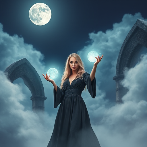 female sorceress in a mystical setting under a full moon, holding glowing magical orbs, surrounded by ethereal clouds and ancient stone arches, shot with a DSLR camera at 50mm f/1.8, ISO 100, and natural soft lighting to enhance the magical atmosphere