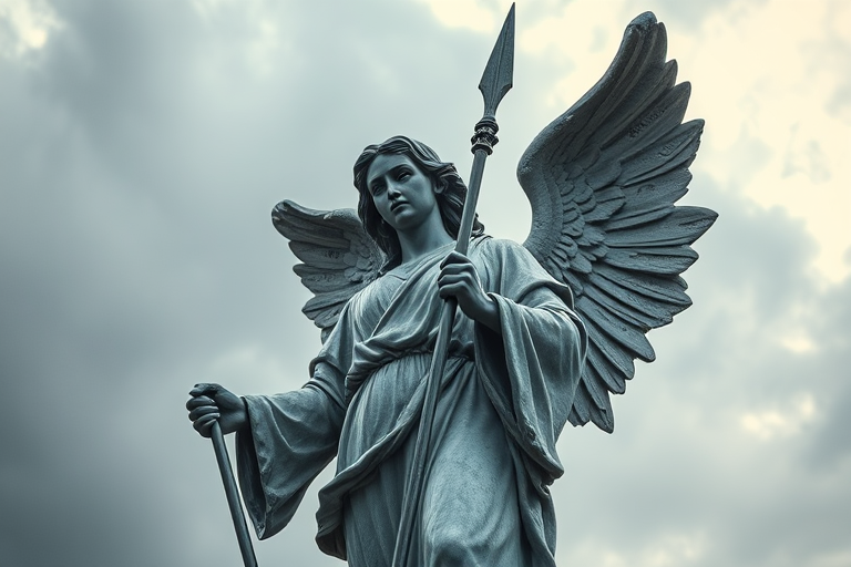 Capture a high-resolution image of a detailed angel statue with flowing robes, holding a spear, set against a dramatic, cloudy sky, using a DSLR camera with a 50mm lens, aperture set to f/2.8, ISO 100, and a shutter speed of 1/200s to enhance texture and contrast.