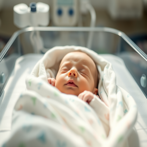 newborn baby in incubator wrapped in a soft blanket with medical equipment, soft natural lighting, macro lens, f/2.8, ISO 400, shutter speed 1/125s, centered composition, shallow depth of field, high-resolution camera
