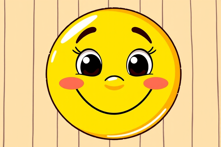 Create a smiling yellow cartoon face with a round shape, large eyes, and a wide grin, using a 50mm lens, f/2.8 aperture, ISO 100, natural lighting, top-down view, digital illustration style.
