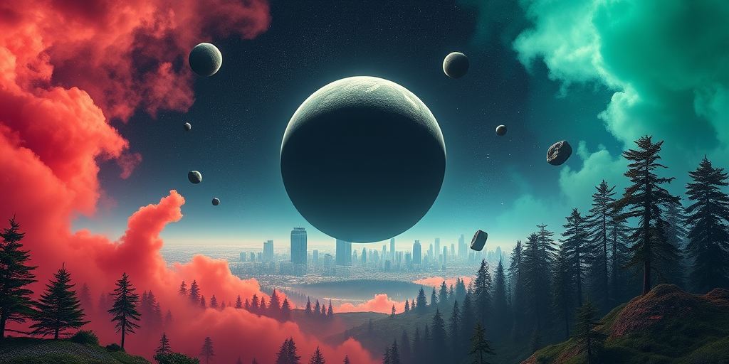 Create a surreal landscape depicting a large, dark planet at the center surrounded by colorful gases of red and green, with asteroids floating around, in a backdrop of a city skyline and an enchanted forest, shot with a DSLR camera at 50mm, f/1.8 aperture, ISO 100, and a wide-angle lens to enhance depth and detail.