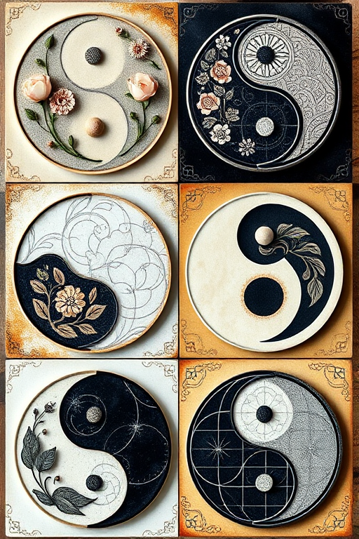 Create an artistic representation of six yin-yang symbols with varying textures and designs, incorporating floral, abstract, and intricate patterns, using a Canon EOS R5, 50mm f/1.2 lens, at f/8 and ISO 200, taken from a top-down view with natural daylight for enhanced clarity and detail.