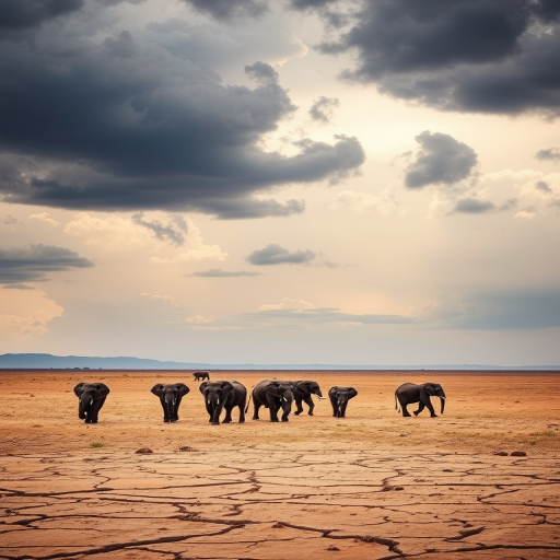 Create an image of a herd of elephants walking away in a dry, cracked landscape under a dramatic sky filled with dark clouds, captured with a 50mm lens at f/2.8, ISO 100, shutter speed 1/200s, in a landscape format using a DSLR camera.