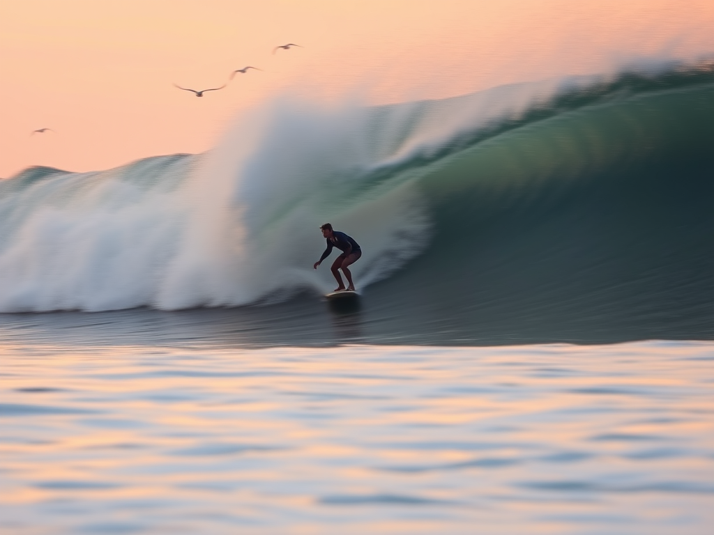 Blurry action shot of a surfer riding a massive wave at sunrise, the water's surface catching soft pink and orange reflections from the sky, with distant seagulls flying in the background.