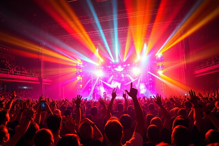 high-energy concert scene with a vibrant light show, wide-angle lens, f/2.8 aperture, ISO 1600, 1/100s shutter speed, shot from the front-of-house perspective, DSLR camera, capturing a massive crowd with hands raised in excitement and performers on stage illuminated by colorful lights