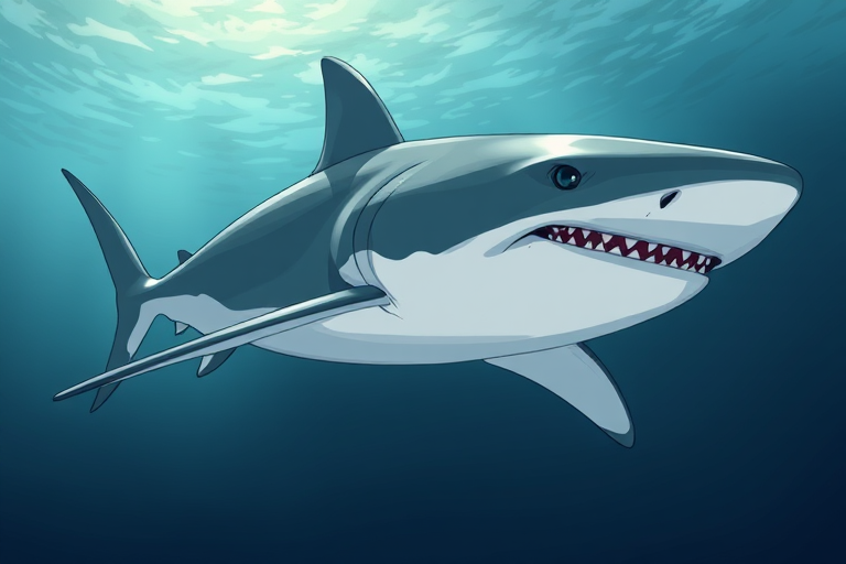 Create a high-resolution, detailed illustration of a shark using a DSLR camera with a 50mm lens, f/2.8 aperture, ISO 100, shot from a slightly elevated angle with natural lighting to enhance the image quality and clarity.