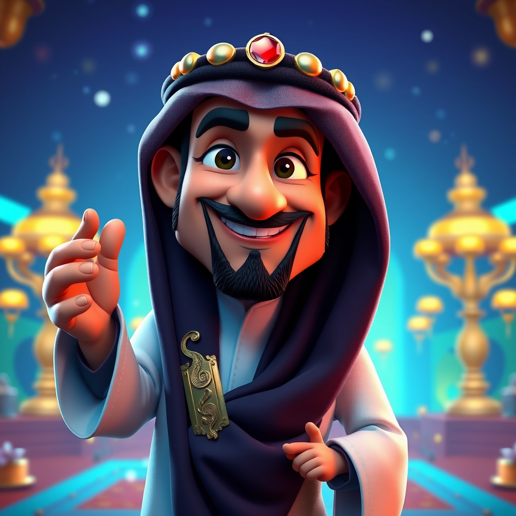 Create a 3D rendering of a wealthy Arab male sheikh from Dubai, inspired by the Disney animation style. The sheikh must have a smile and a playful but wise character. Place your character in an atmosphere of wealth and luxury. The image must be in high resolution format. Dynamic pose above the waist, gesturing with hands (Pixar Art style)++ highly detailed digital painting, art stations, concept art, soft focus, hard focus, illustrations. cinematic, visual effects, HDR, Unreal Engine 5, ray tracing, soft light, 8k, high detail, sparkling backlighting, luxury gem, game art, 3d, cartoon, colorful, magical, mysterious