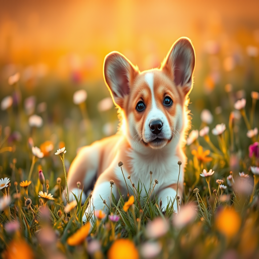 A cute corgi puppy lying in a flower-filled meadow during golden hour, soft focus background, 50mm lens, f/1.8 aperture, ISO 100, shot with a DSLR camera.