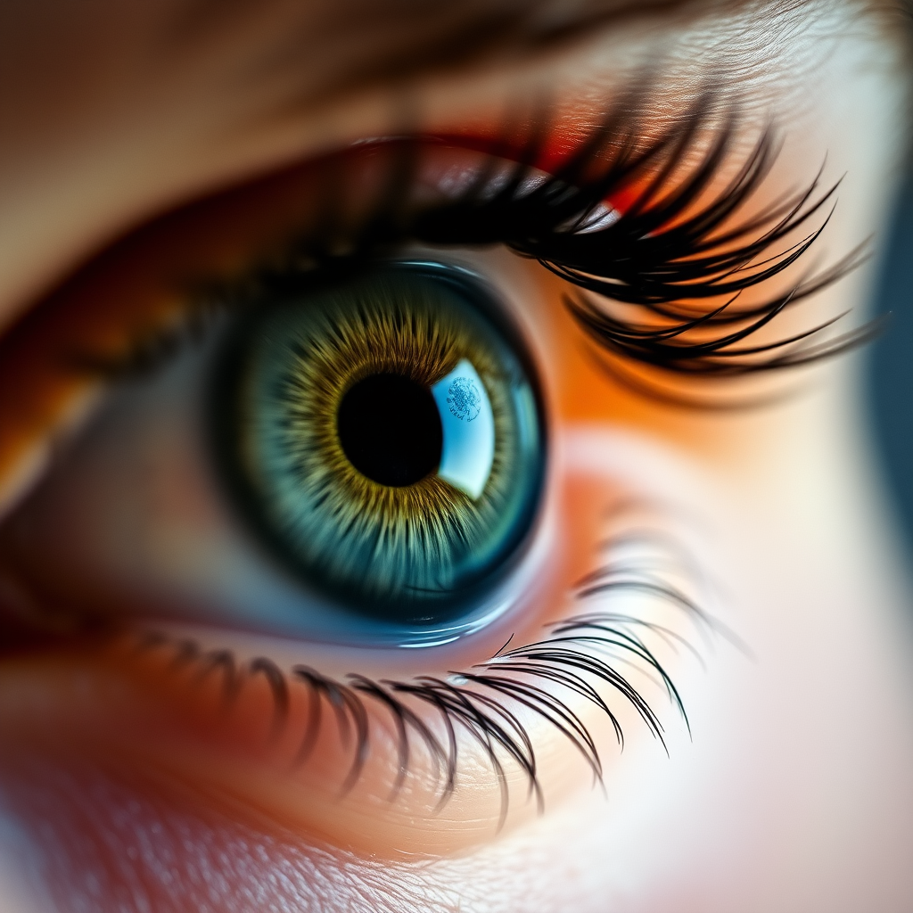Close-up of a human eye with detailed focus on the iris and eyelashes, soft diffused lighting, macro lens 100mm f/2.8, aperture f/2.8, ISO 100, shutter speed 1/200s, shallow depth of field, high-resolution photography.
