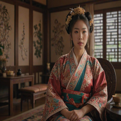 A beautiful Ryukyuan woman in traditional East Asian attire, intricately detailed with embroidered patterns, sitting gracefully in a richly decorated room, soft ambient lighting, serene and elegant, ultra-realistic, 8K resolution