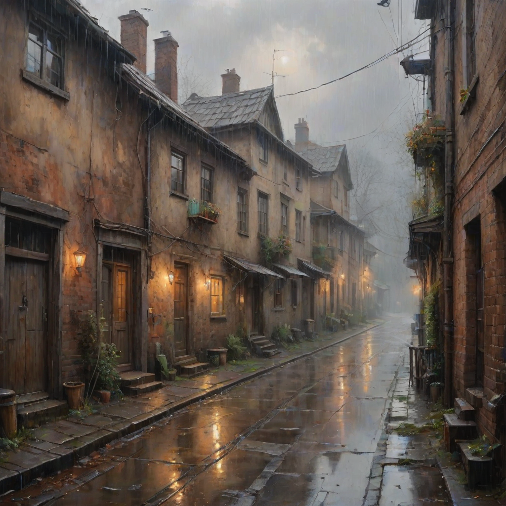 rainy day house painting, fine art painting, fantasy art, 4K, 3D, HDRi, detailed oil painting, high definition art, expressive rustic oil painting, foggy alley, soft focus