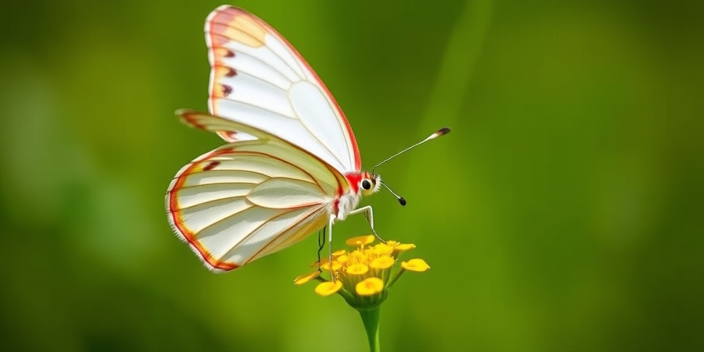 Generate an image of a butterfly with white wings and red tips, hovering above a small yellow flower with a green background. The scene should be vibrant, capturing the delicate details of the butterfly and the flower.