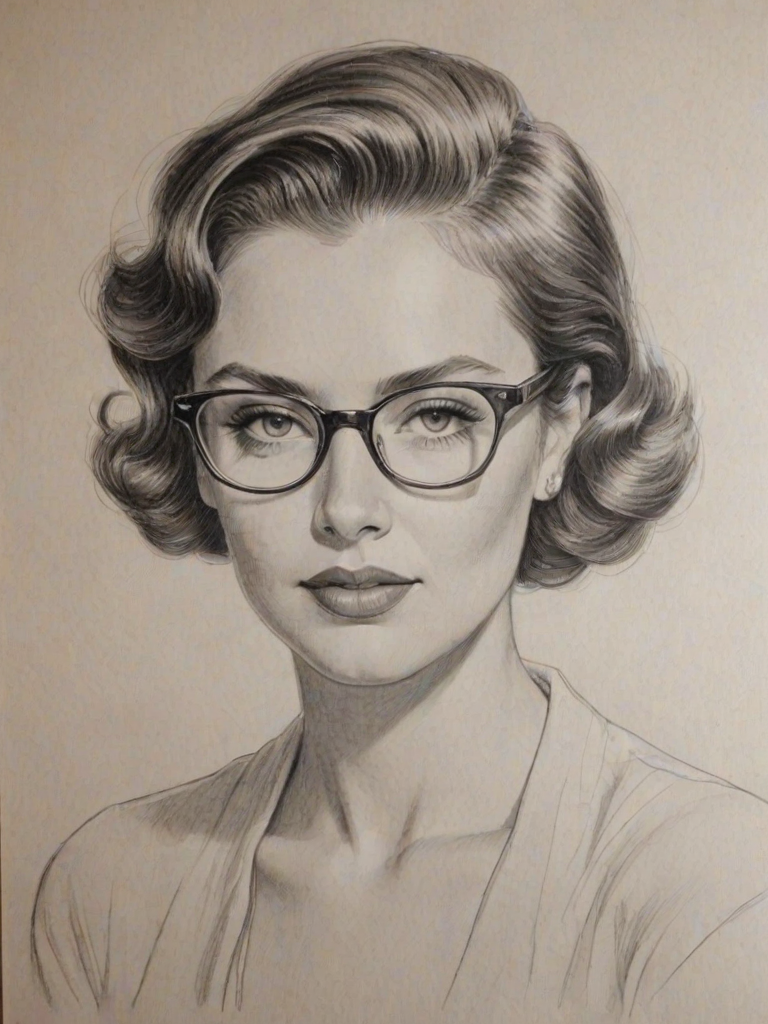 Superb Sophie Bush, pencil sketch, portrait of Alluring woman 1952s in glasses, hair style beatnik, outline, clear lines, fine lines, 8k