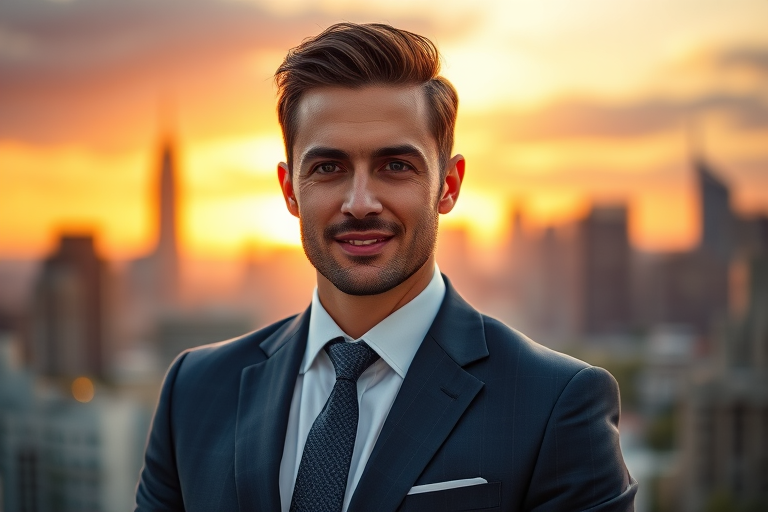 portrait of a confident man in a suit with a city skyline background during sunset, using a 50mm lens, f/2.8 aperture, soft focus with high dynamic range, captured on a full-frame DSLR camera