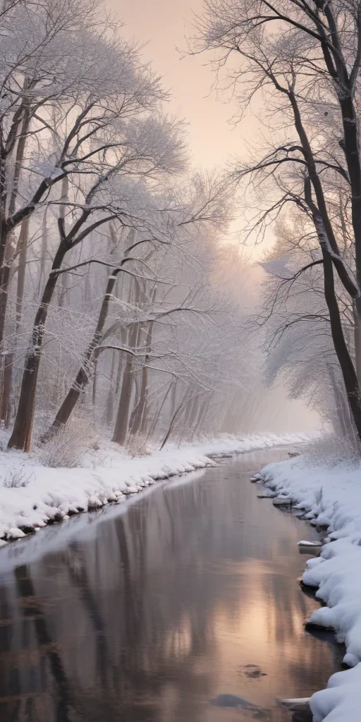 Tranquil Winter Scene: A Serene River Flowing Through Snow-Covered Forest