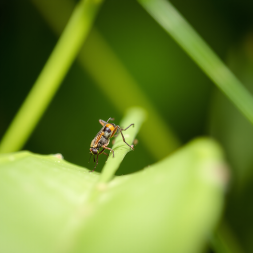 Close-up of a small insect perched on a green leaf, with a blurred natural background, f/2.8 aperture, ISO 100, 1/500s shutter speed, macro lens, shallow depth of field, natural lighting.