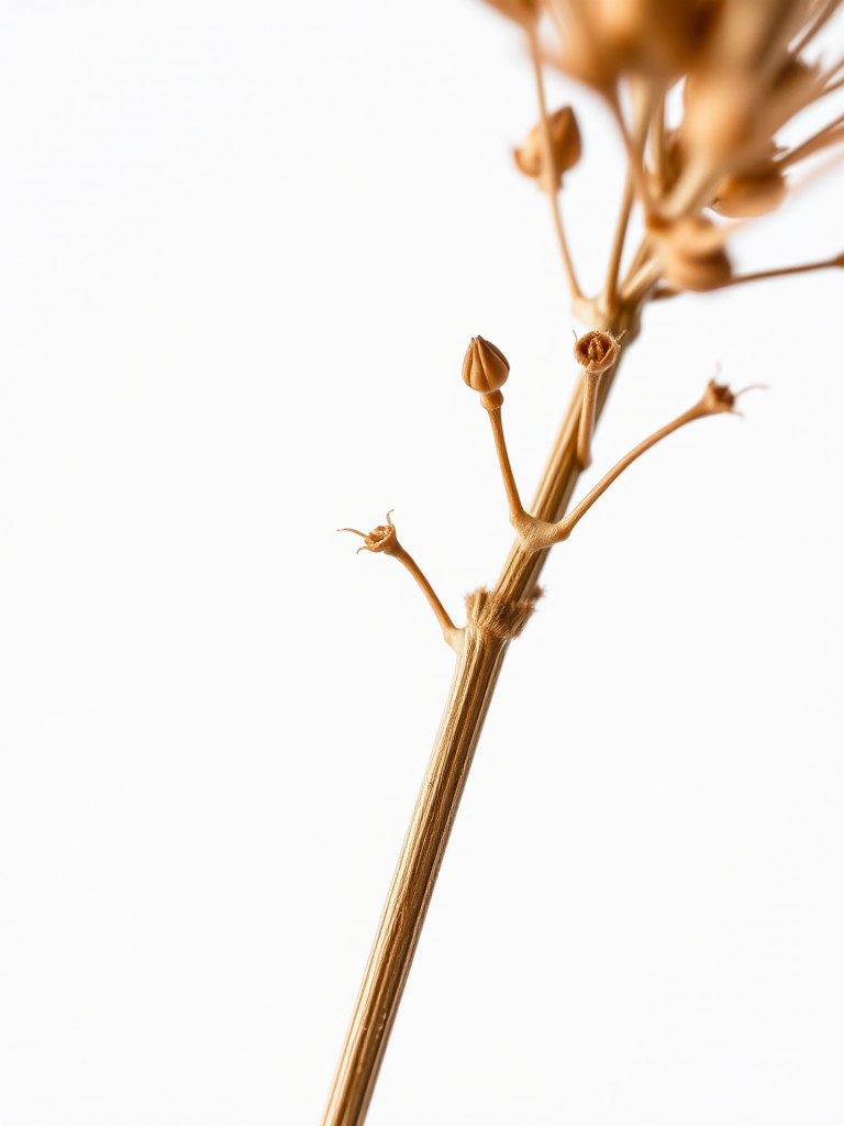 high-resolution image of a dried plant stem on a white background, macro view, natural lighting, DSLR camera, aperture f/2.8, shutter speed 1/200 sec, ISO 100, focus on intricate details of the plant