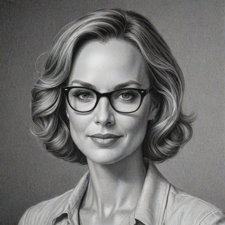 Gorgeous Melora Hardin, pencil sketch, portrait of Delightful woman 1934s in glasses, hair style beatnik, outline, clear lines, fine lines, 8k