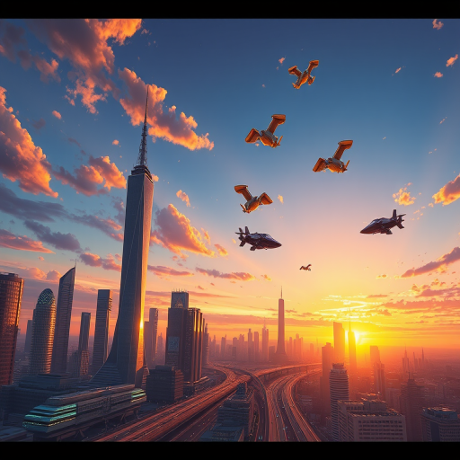 Create an illustration of a futuristic cityscape at sunset with flying cars and skyscrapers, taken with a DSLR camera at f/11, ISO 100, 1/200s, wide-angle lens, in high dynamic range style for enhanced detail and vibrant colors.