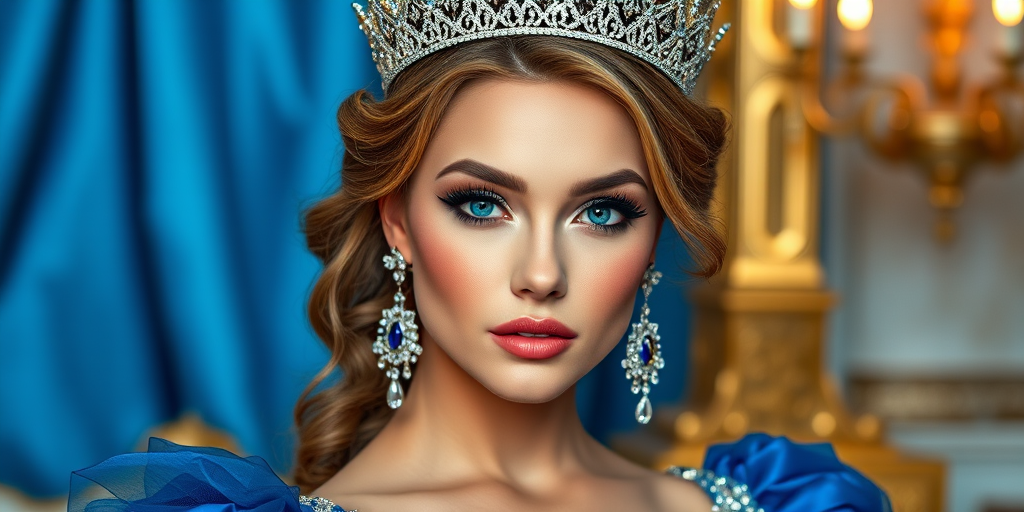 A gorgeous Caucasian woman in a luxurious blue gown, accessorized with a dazzling tiara and statement earrings, her deep blue eyes highlighted by impeccable makeup, poised in a royal setting, photorealistic, 8K quality