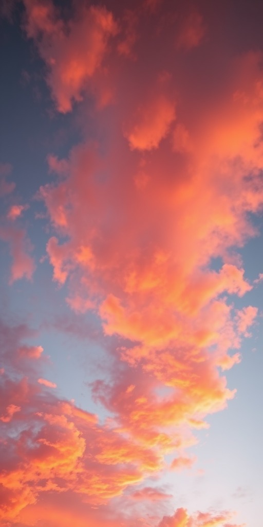 Capture a vivid sunset sky with dramatic orange and pink clouds, using a DSLR camera, 50mm lens, aperture f/2.8, shutter speed 1/100s, ISO 200, shot from a low angle to emphasize cloud texture and depth.
