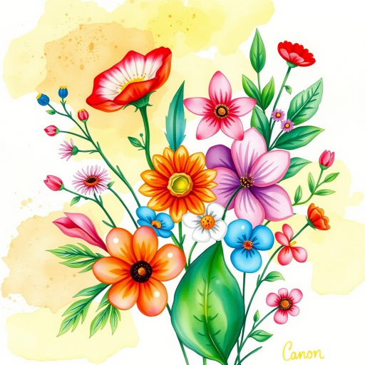 Create a vibrant watercolor illustration of assorted floral and leafy elements with a bright and colorful background, using a Canon EOS R5 camera with a 50mm lens, f/1.8 aperture, ISO 100, shot in natural light for enhanced image quality.