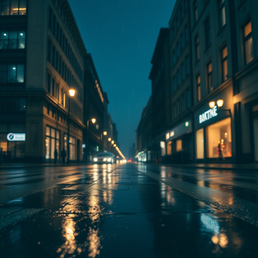 city street at night in the rain, soft glow from street lamps and windows, atmospheric fog, reflections on wet pavement, depth of field, ISO 100, f/1.8, 1/60 sec, 35mm lens, DSLR camera, low angle view, long exposure photography
