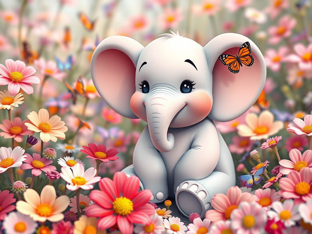A cute cartoon elephant sitting among colorful flowers and butterflies, soft pastel colors, vibrant details, shot with a Canon EOS R, 50mm lens, f/2.8 aperture, ISO 100, natural light for a bright and cheerful atmosphere.