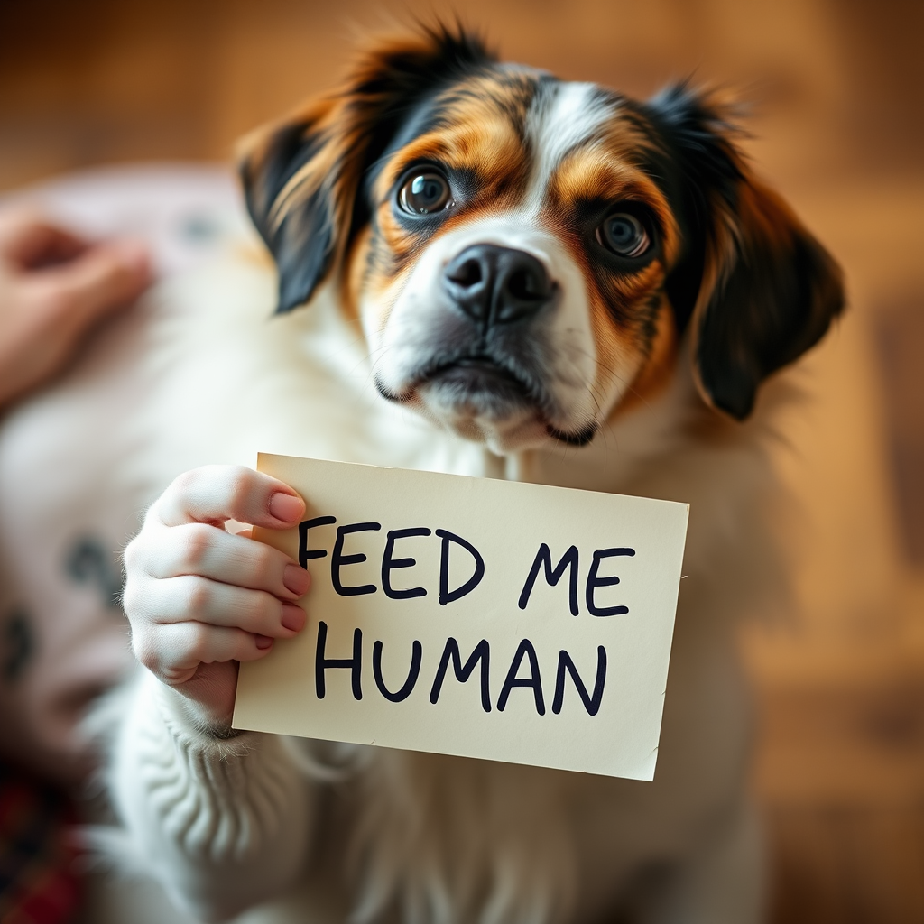 dog holding a note which says "FEED ME HUMAN"