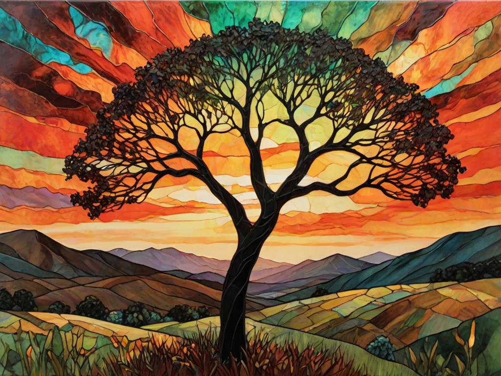 A vibrant abstract painting on Tiffany Glass, blending acrylic and alcohol ink techniques, captures a dramatic sunset over rolling hills. The artwork features a textured, rocky foreground in green and brown, layered abstract hills, and a striking sunset in rich oranges, yellows, and reds. A solitary black tree with intricate branches contrasts against the fiery sky, creating a dynamic and expressive portrayal of a breathtaking natural scene.