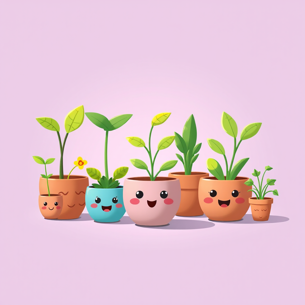 Create a vibrant, cartoon-style illustration of cute potted plants with expressive faces on a soft lavender background, using a Canon EOS R5 with a 50mm lens at f/1.8, ISO 100, and a bright lighting setup for enhanced color saturation and contrast.