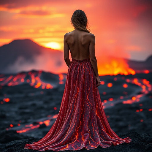 Create an image of a woman standing with her back to the viewer, wearing a flowing gown made of lava, with vibrant orange and red molten lava flowing down, set against a dramatic volcanic landscape during sunset, shot with a DSLR camera at f/2.8, ISO 100, 35mm focal length, in a portrait view to enhance depth of field and detail.