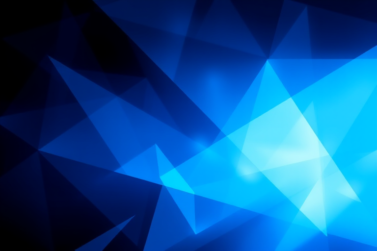 Generate a high-resolution abstract background with sharp blue geometric shapes and dynamic lighting, DSLR camera, f/8 aperture, 1/60 sec shutter speed, ISO 200, wide-angle view.