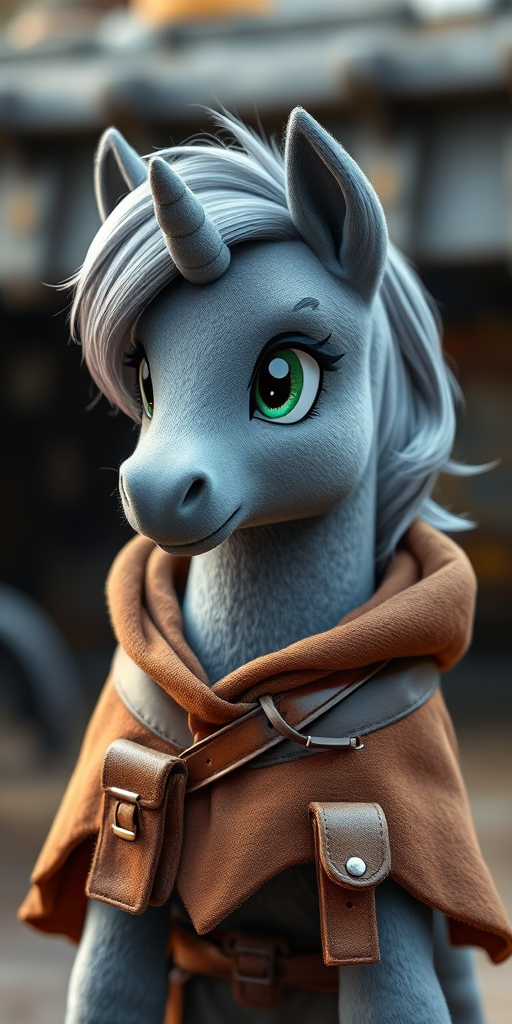 Create an image of a pony character with gray fur and a silver mane wearing a brown cloak with a satchel, shot in high resolution with a DSLR camera, 50mm lens, f/1.8 aperture, soft lighting and a slightly blurred background for depth.