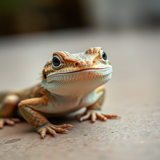 A highly detailed close-up of a friendly-looking lizard sitting on a smooth surface, shot with a DSLR camera at f/2.8, ISO 100, shutter speed 1/200s, natural lighting, with a shallow depth of field to blur the background and emphasize the lizard's textured skin and expressive eyes.