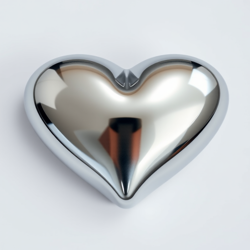 Create a high-resolution image of a silver metallic heart with a glossy finish, using a DSLR camera with a 50mm lens at f/2.8 aperture, ISO 100, and a 1/125 sec shutter speed, shot from a slight above angle to enhance its three-dimensional appearance and reflections.