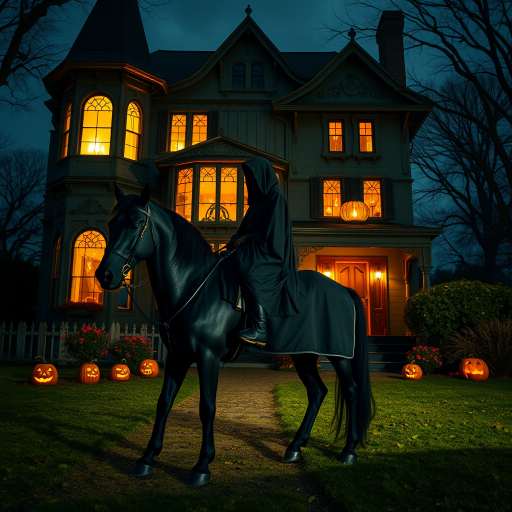 hauntingly beautiful scene of a robed figure on a black horse in front of a spooky, Victorian-style haunted house with glowing windows and carved pumpkins, shot with a Canon EOS R5, 50mm lens, f/1.8 aperture, ISO 100, night mode, long exposure to capture vibrant colors and details in low light.