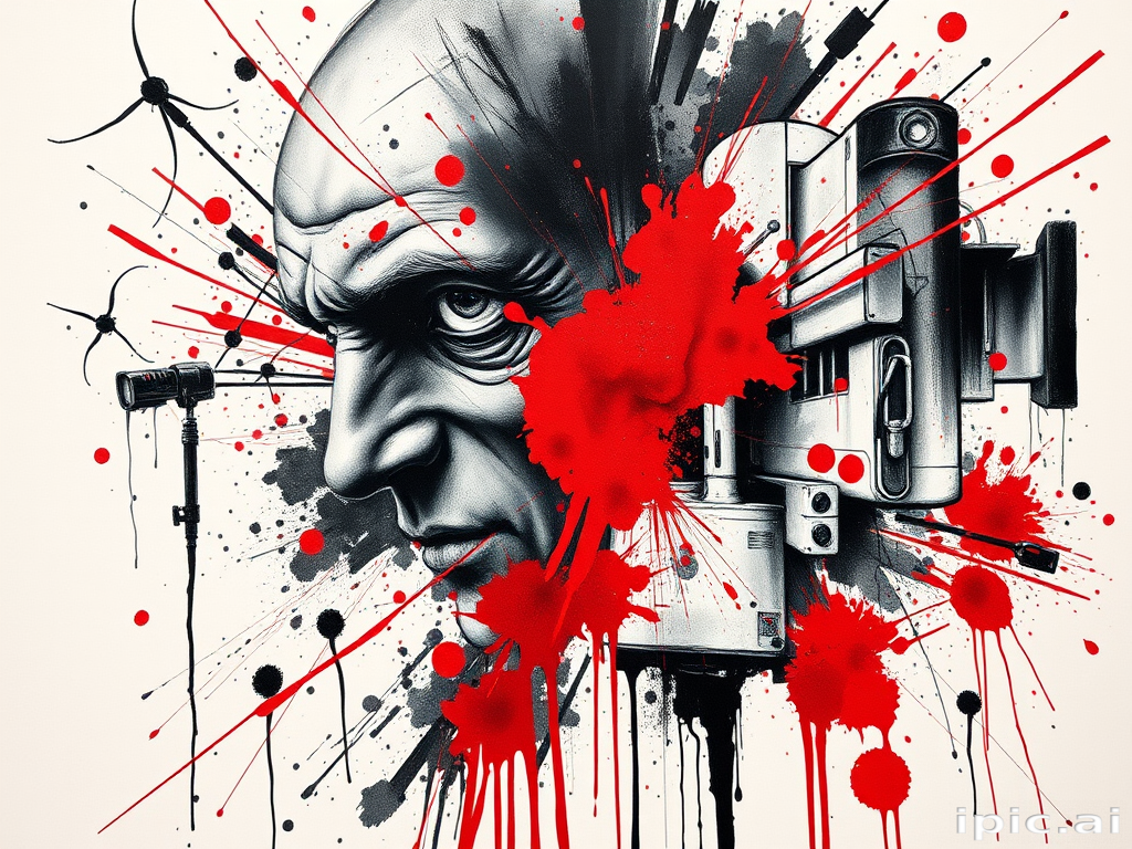 Trash polka style tattoo named "Urban Chaos" combining realistic black and grey elements with abstract splashes of vivid red ink to create a dynamic and edgy composition