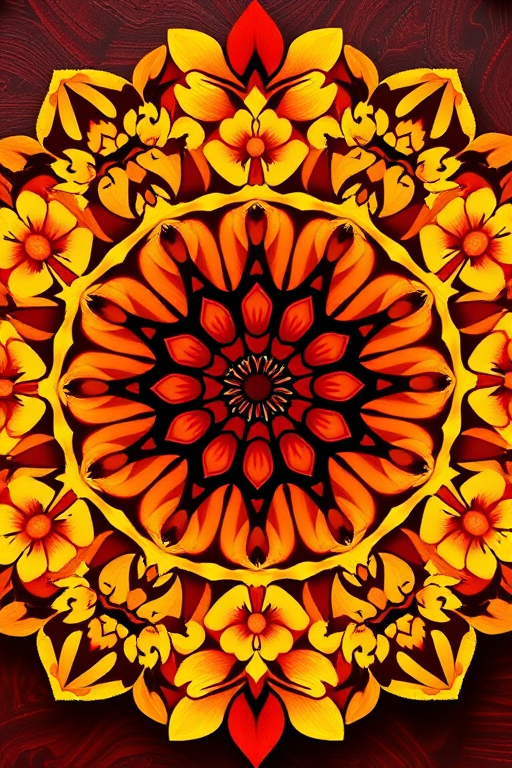 create a circular mandala design featuring intricate floral patterns with gradient colors from yellow to orange to dark red, captured with a DSLR camera at f/8 aperture, ISO 100, 50mm lens, using a top-down view for a symmetrical composition