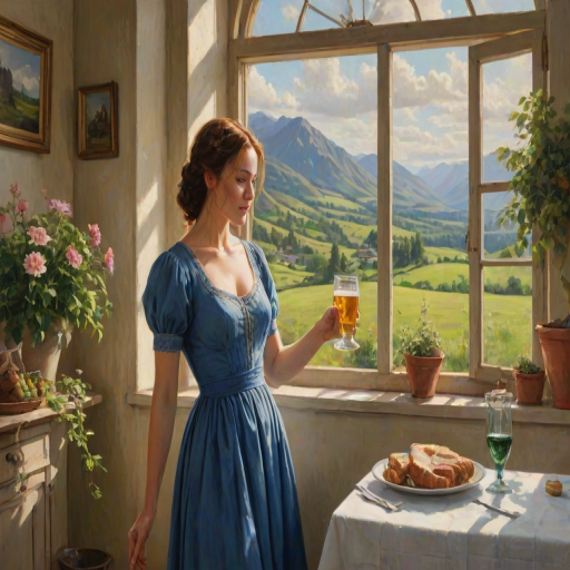 In "A Glass of Beer on the Highland," a serene scene is depicted in a sunlit room where a woman in a vibrant blue dress stands by a large window. She holds a tray with a hearty meal and a frothy glass of beer, embodying a moment of relaxation. Outside, the breathtaking highland landscape features rolling green hills and a charming traditional house, all bathed in warm afternoon light. The interior is adorned with potted plants, creating a harmonious blend of comfort and nature. The painting beautifully captures the tranquility and joy found in simple pleasures amidst stunning scenery