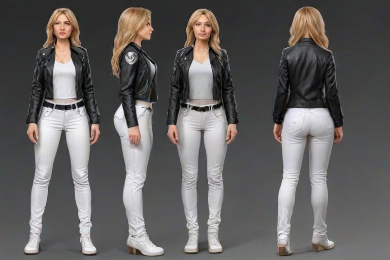 front view, side view, back view, multiple views, reference sheet, full body, Jackie_Tristan,jacket, white pants