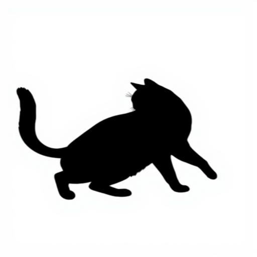 Create a high-resolution image of a minimalist black cat silhouette on a white background using a DSLR camera, 50mm lens, f/1.8 aperture, ISO 100, natural light, centered composition.