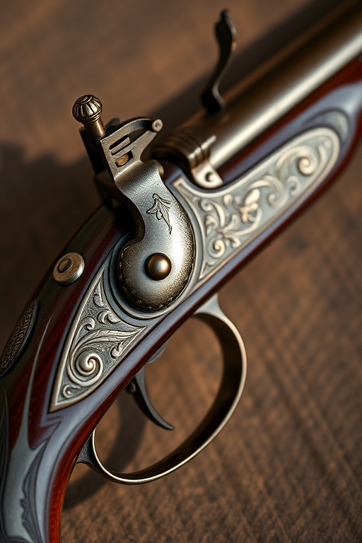 Create a highly detailed image of an ornate vintage flintlock pistol with intricate engravings, using a Canon EOS 5D Mark IV camera, 50mm lens, f/1.8 aperture, ISO 100, and soft natural lighting for enhanced image quality.