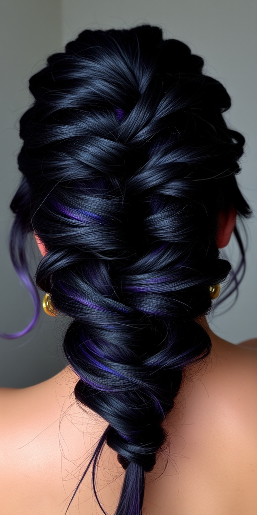 Dramatic jet black hair with hidden galaxy underlights, Cosmic Noir creation, revealing vibrant purples, blues, and silvers when styled in an updo or braids