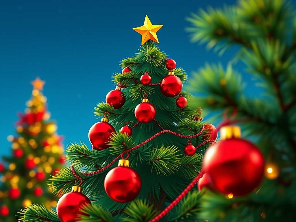 Generate a vibrant cartoon-style Christmas tree adorned with red ornaments and a golden star on top, captured with a Canon EOS R5, 50mm lens, f/1.8 aperture, ISO 100, shot in natural light from a low angle to enhance depth.