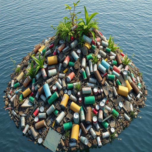 Create a highly detailed 3D render of a cluttered island made of trash and debris, with various cans and plants overtaking the scene, soft natural lighting, camera settings: ISO 100, f/8, shutter speed 1/60s, view from a slightly elevated angle, style: photorealistic, camera type: DSLR.